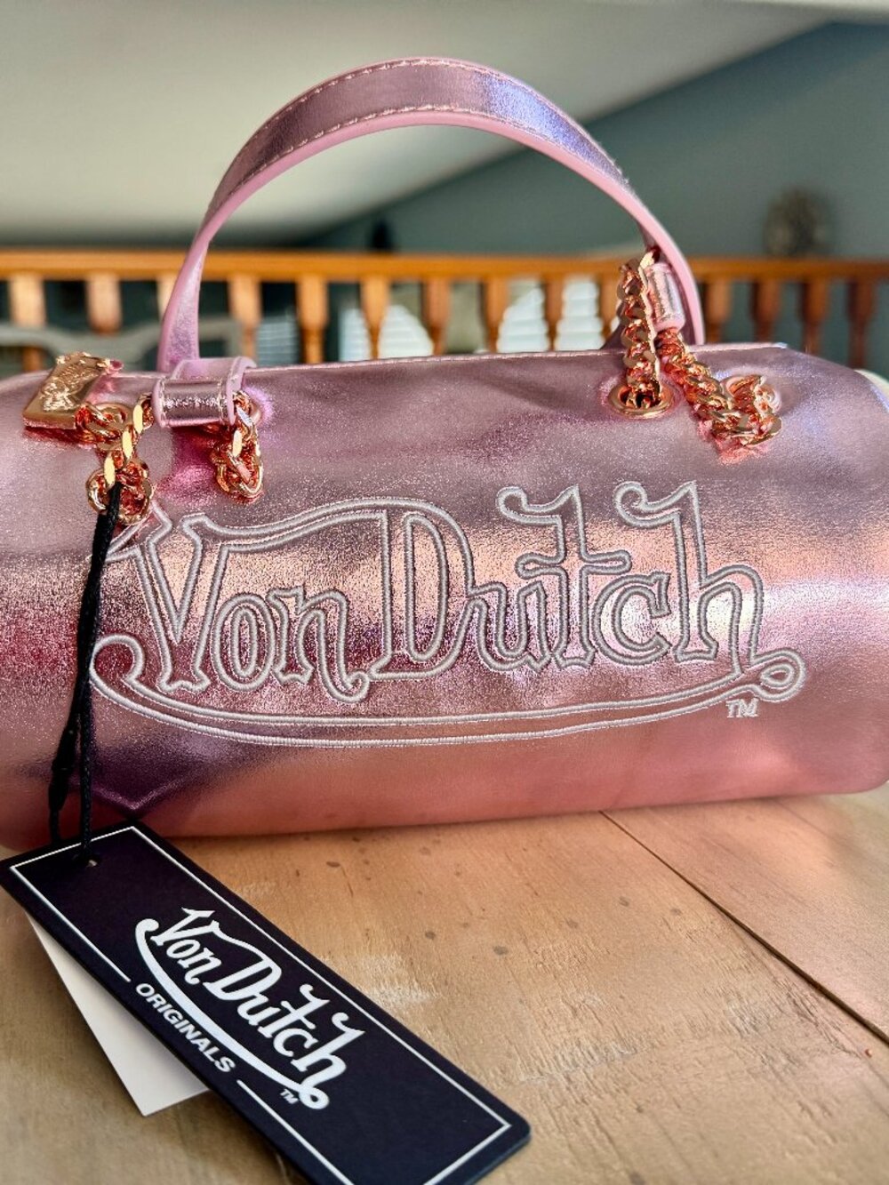 Brand New With Tags (NWT) Von Dutch Originals Pink Metallic Barrel Bag